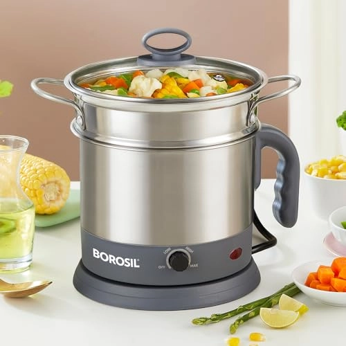 BOROSIL Electric Steel Kettle with Steamer - 1.3L