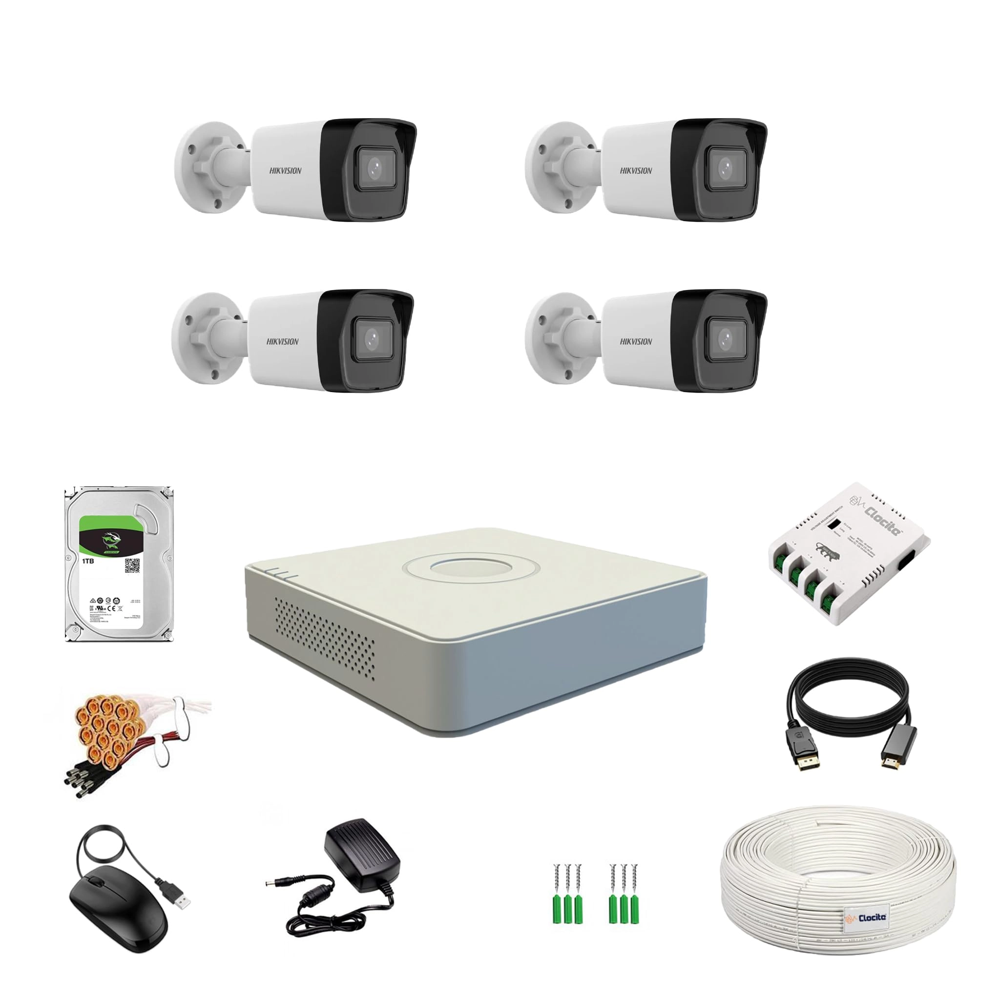 Prama Hikvision India Pvt.Ltd 4CH DVR + 2MP Bullet Camera + 1TB Hard Disk + Cable Roll + 4CH Power Supply