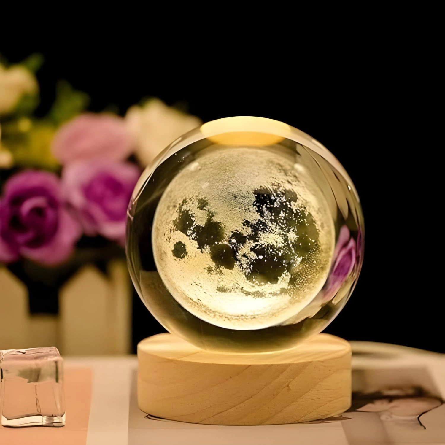 Rangoli Advertisers 3D Crystal Moon Lamp - Warm White USB Wooden Base