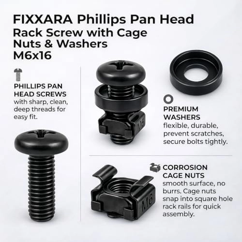 Rack Mount Screws + Cage Nuts + Nylon Washers - M6x16