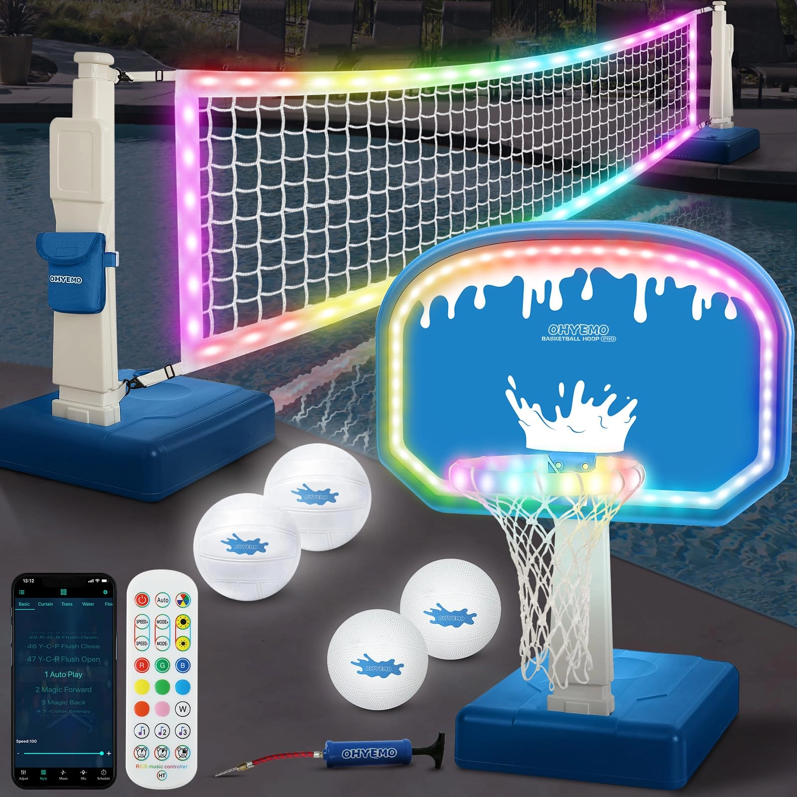 OHYEMO 2-in-1 LED Pool Volleyball & Basketball Game Set - Diving & Swimming Pool Toys