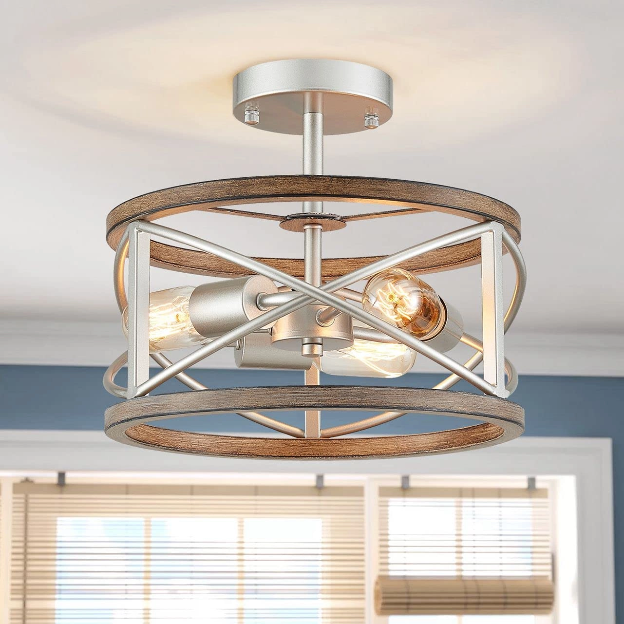 WUZUPS Chandelier - 3 Lights Imitation Nickel & Wood
