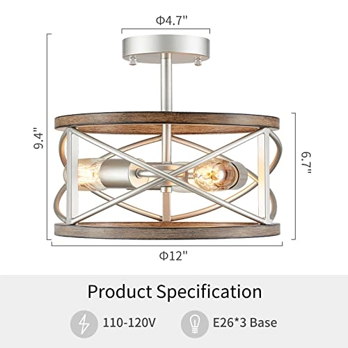 Chandelier - 3 Lights Imitation Nickel & Wood