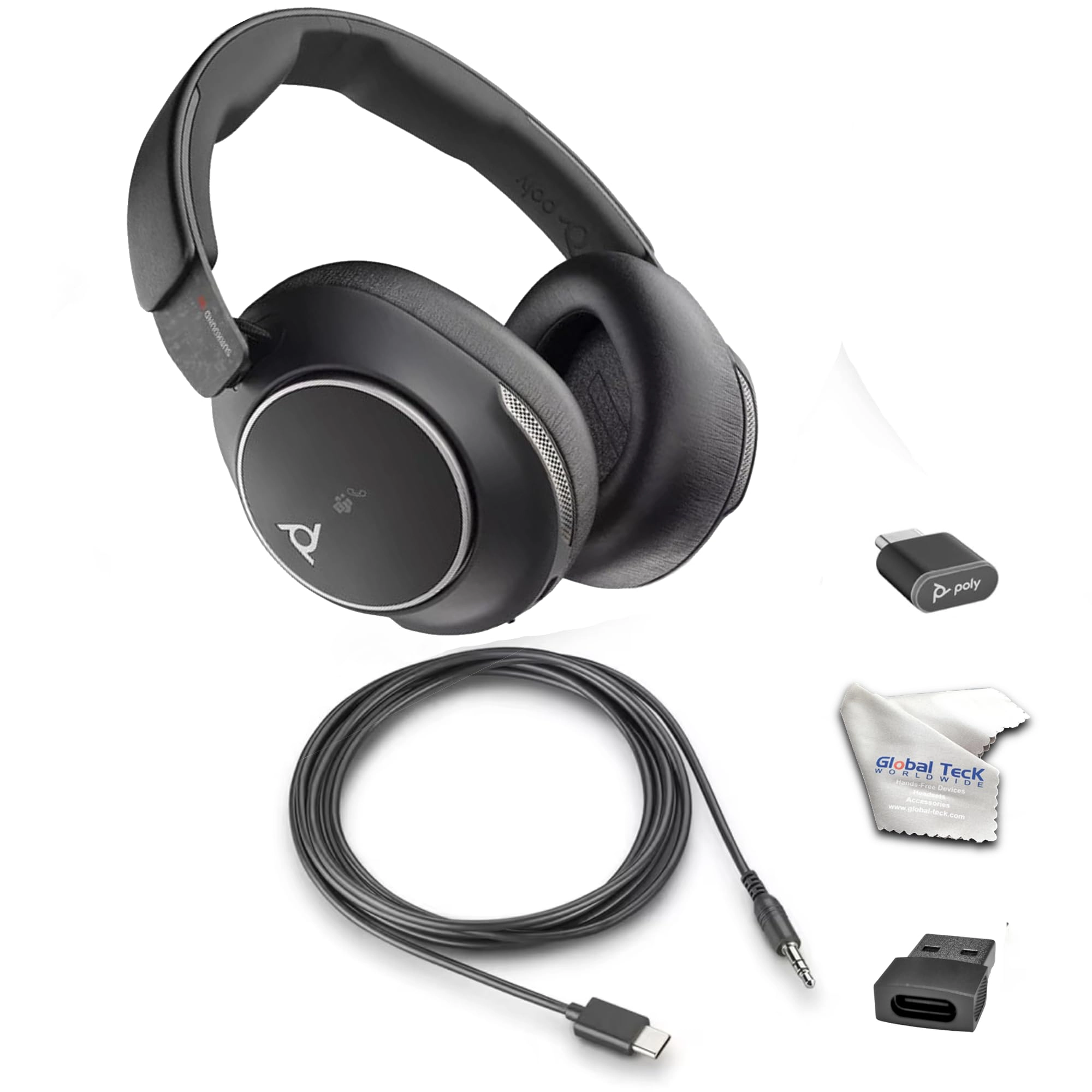 Voyager Surround 80 UC Wireless Headset + BT700 + USB C to USB A Adapter + USB C to 3.5 mm Audio Cable + Microfiber Cloth