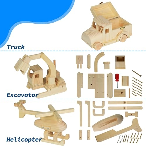 Wood Building Toy Kit - 3 Vehicle Projects 12 Paint Colors