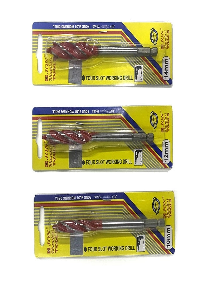 Four Slot Wood Drill Bit Set - 10mm 12mm 14mm