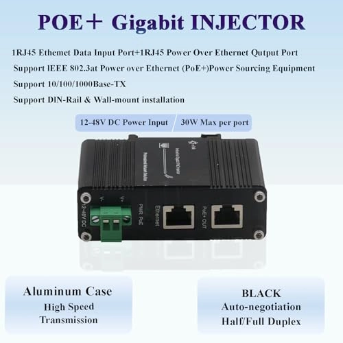Mini Gigabit PoE+ Injector - 12-48V DC 30W IEEE 802.3 af/at 1000 Megabits Per Second