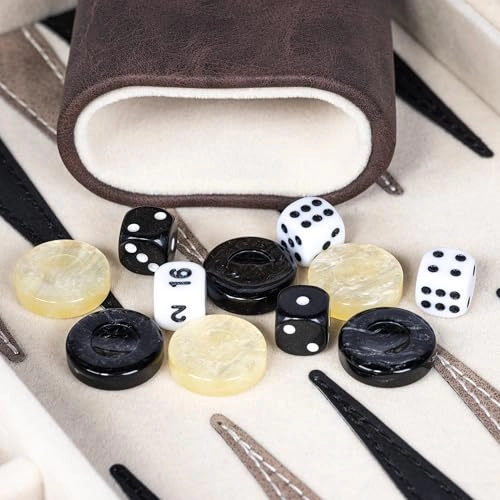 Backgammon Set - Foldable Leather Backgammon Case 30 Artificial Horn Checkers