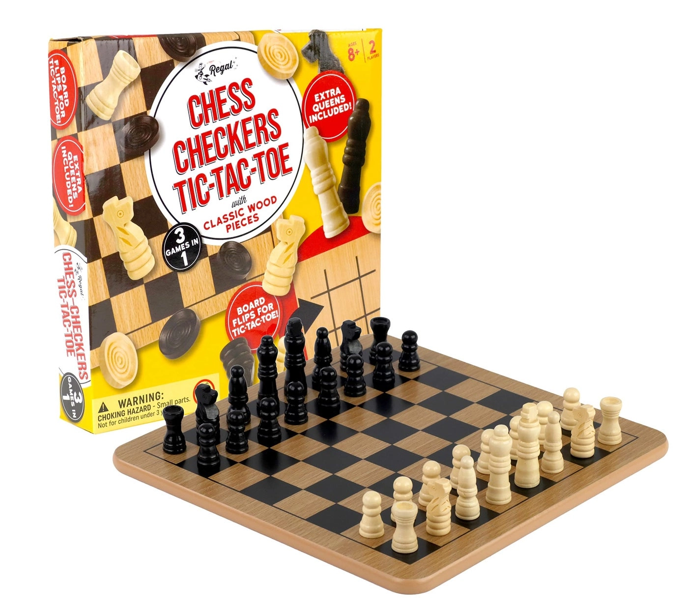 Reversible Wooden Board - Chess Checkers Tic-Tac-Toe