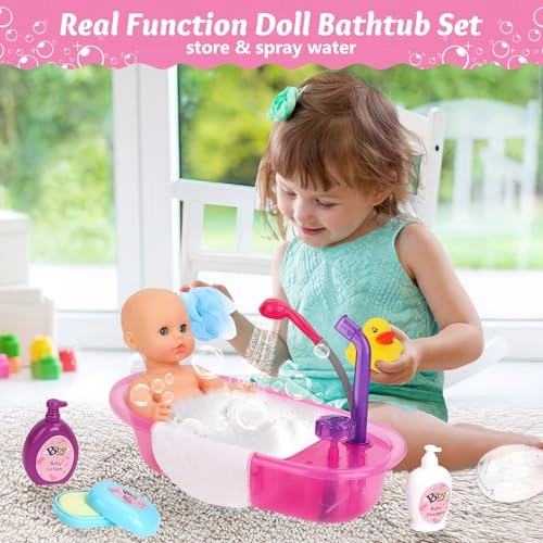 Baby Doll Set with Bathtub - 11PCS Pink