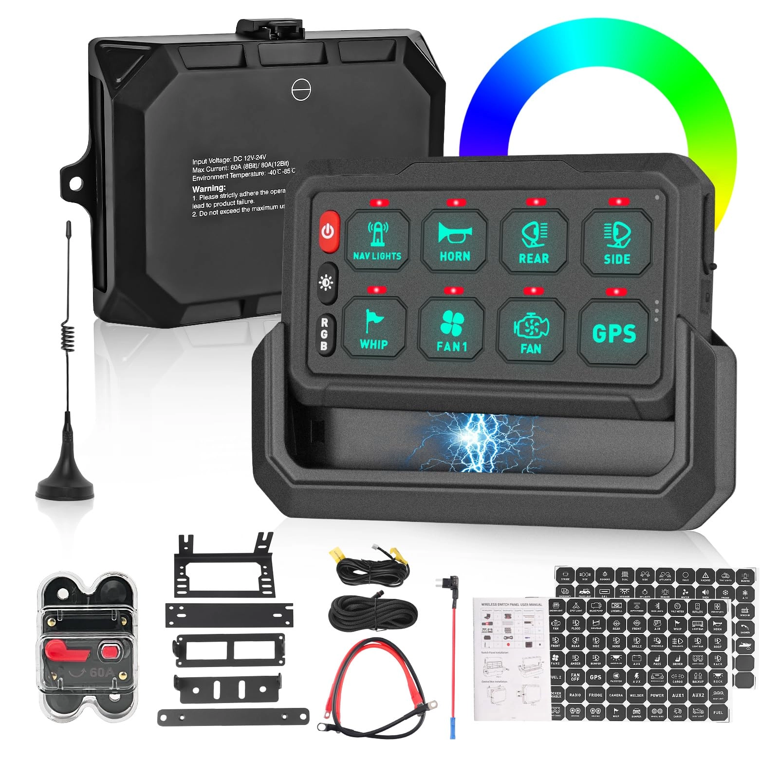 chelhead Wireless 8 Gang Switch Panel - RGB Remote Control 12V 60 Amps