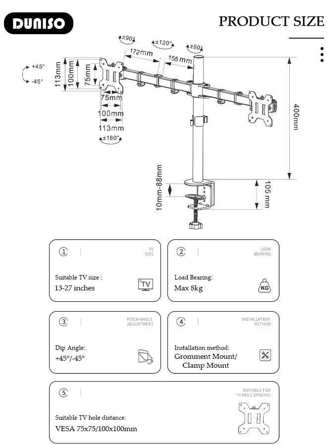 Dual Monitor Arm - 2 13-27 inch 75x75 mm 100x100 mm