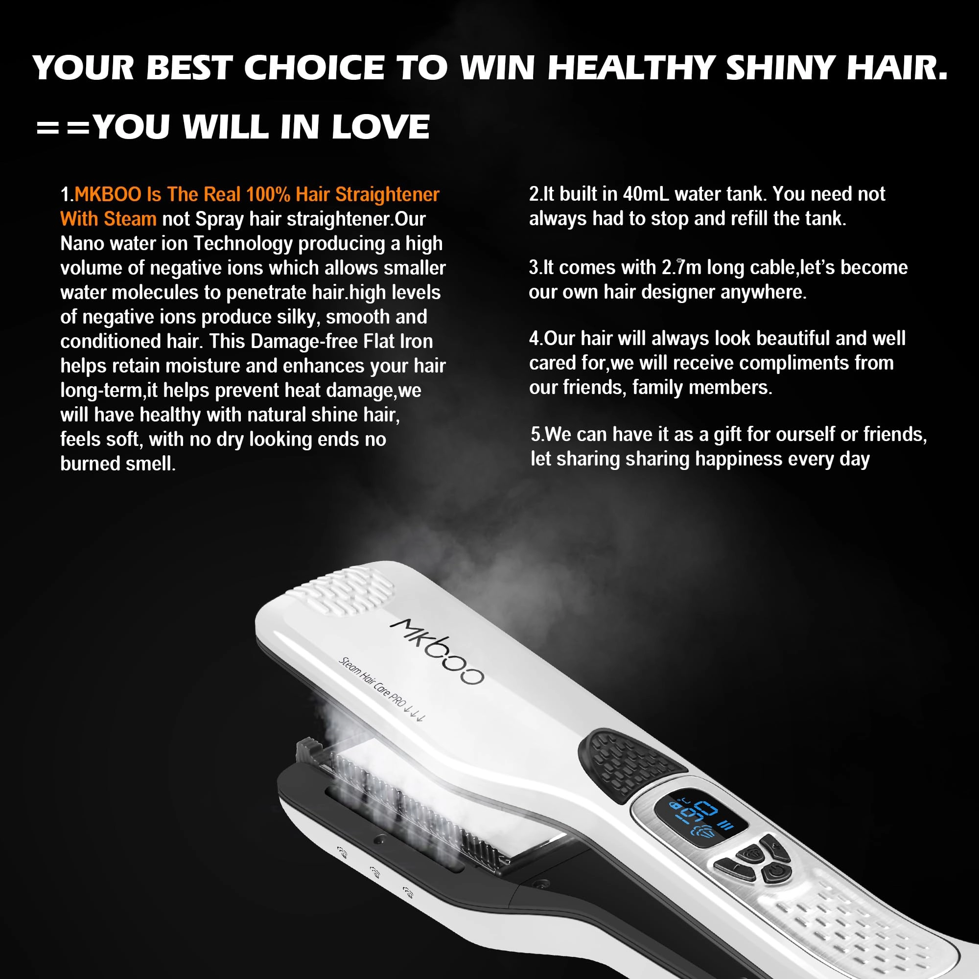 Hair Straightener with Steam - Nano Titanium Ceramic Removable Comb Digital LCD