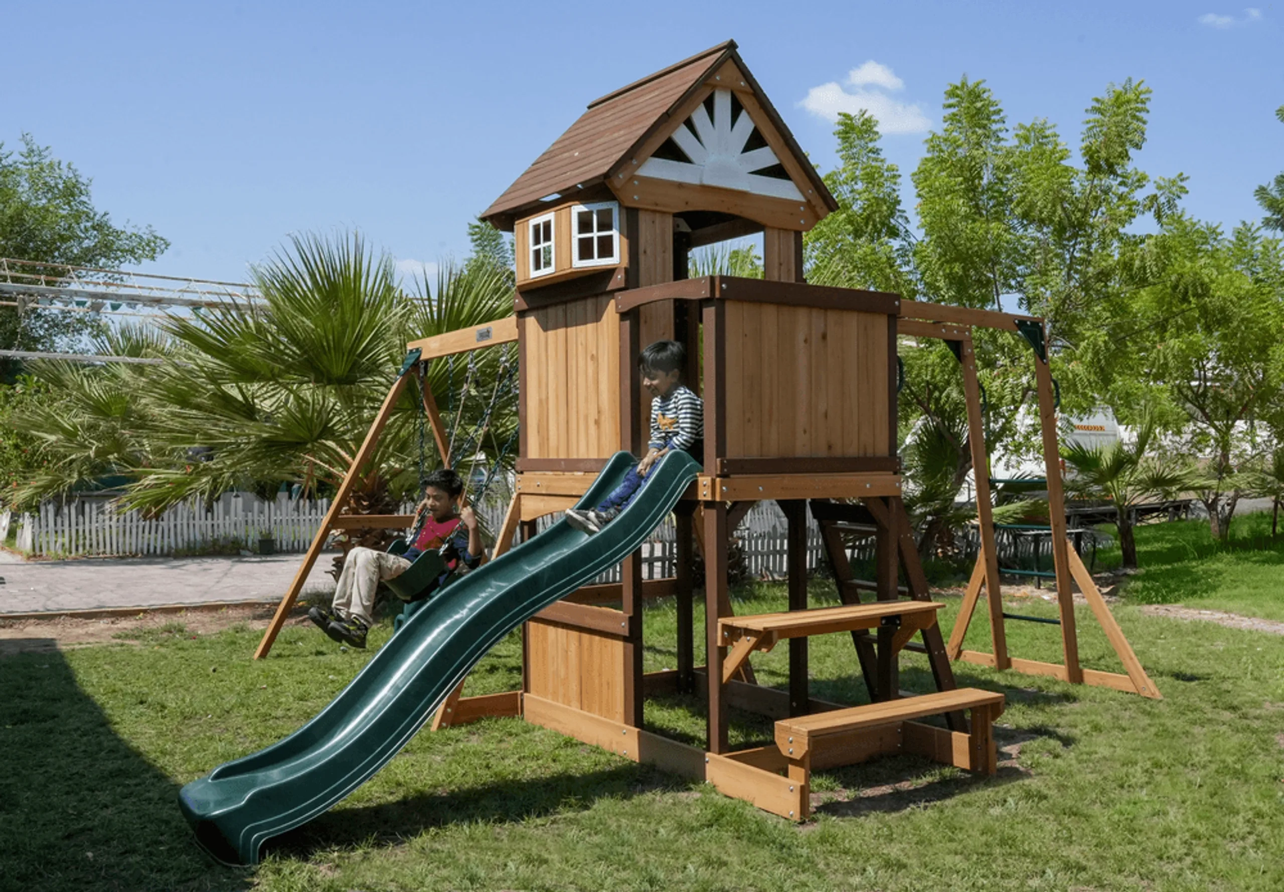 Arabian Tahr Wooden Swing Set - 10' Wave Slide 3-position Swing Beam