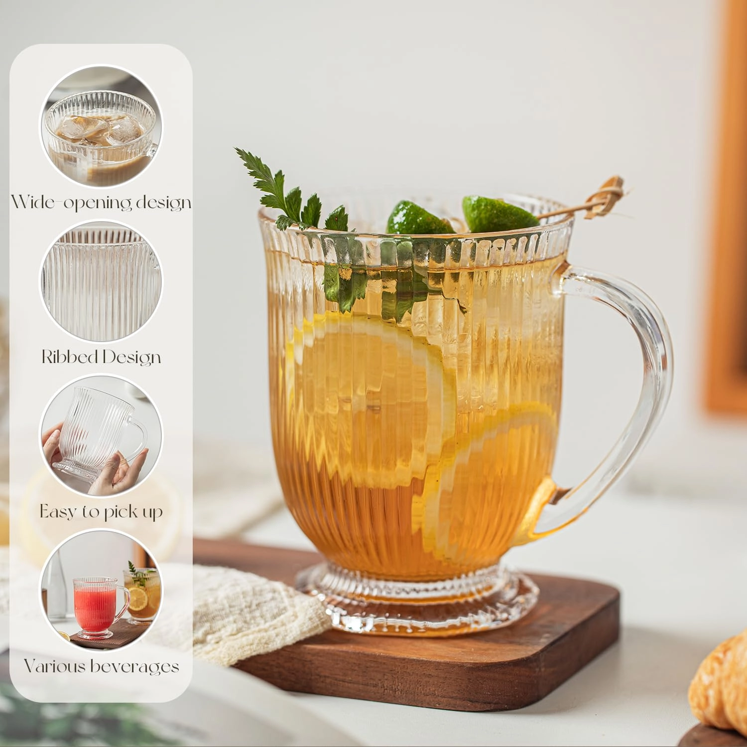 Ribbed Glass Tumbler - 4 pcs Handle 480 ml