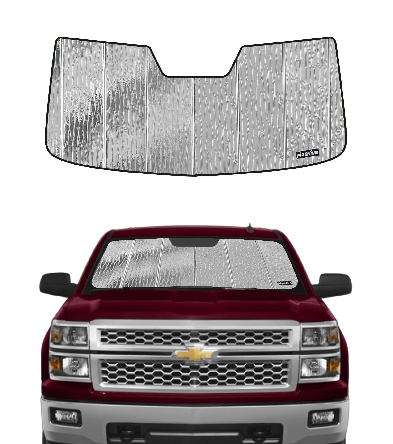 Pigenius Windshield Sun Shade - Chevrolet|GMC Silverado 1500|Sierra 1500|Silverado 2500 HD|Silverado 3500 HD|Sierra 2500 HD|Sierra 3500 HD|Silverado 4500 HD|Sierra 1500 LD|Silverado 1500 LD 2014|2015|2016|2017|2018|2019|2023