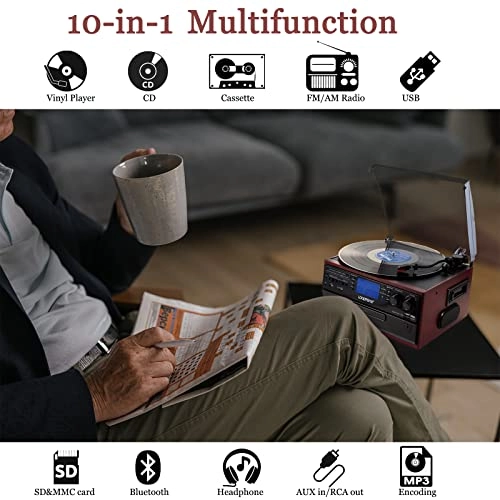Record Player - 10-in-1 Bluetooth In/Out 3-Speed