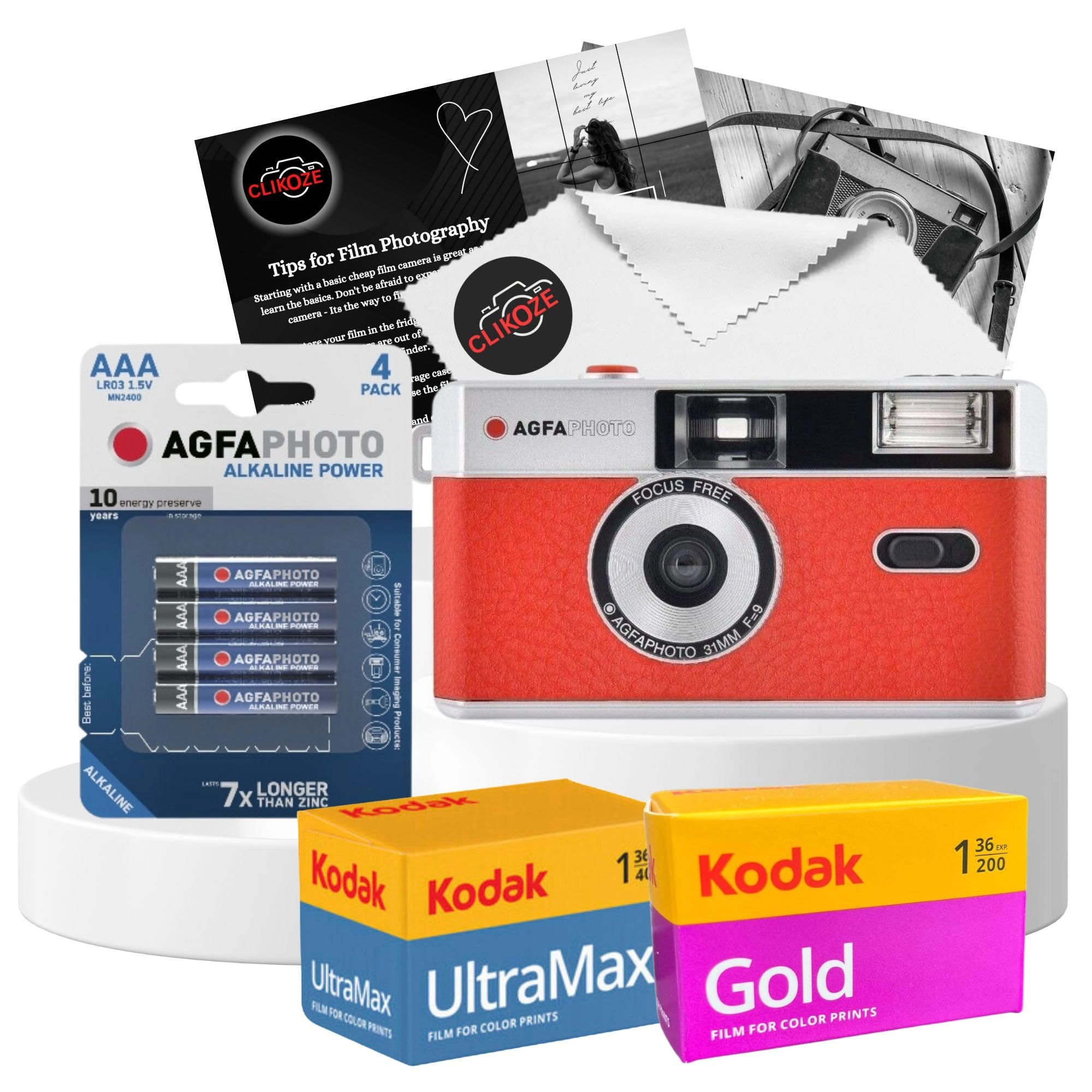 35mm Reusable Film Camera + Ultramax 400 - 36exp + Gold 200 - 36exp + Battery - AAA + Lens Cloth - Black + Photography Tips Card