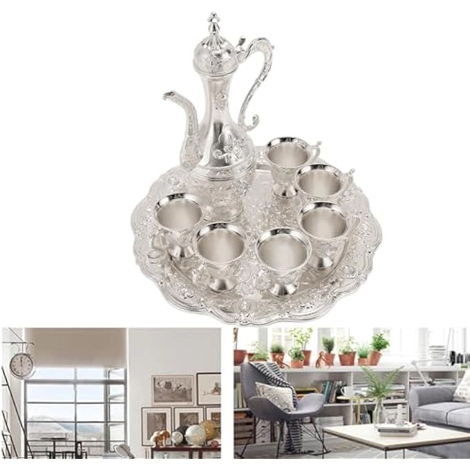 Turkish Coffee Pot Set - Alloy 6 Cups Silver