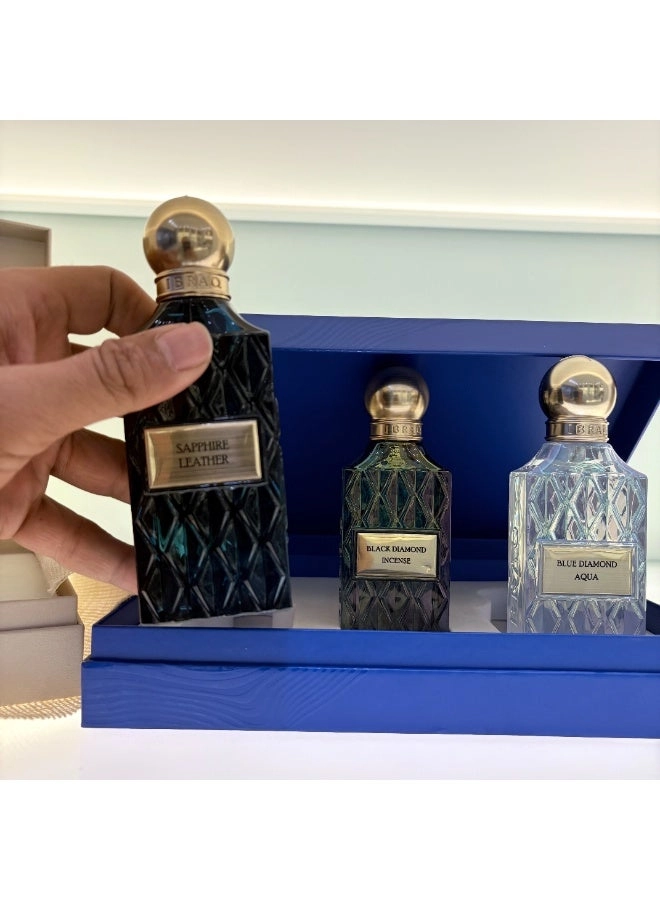IBRAQ Blue Diamond Aqua Eau de Parfum 75 ml + Black Diamond Incense Eau de Parfum 75 ml + Sapphire Leather Eau de Parfum 75 ml