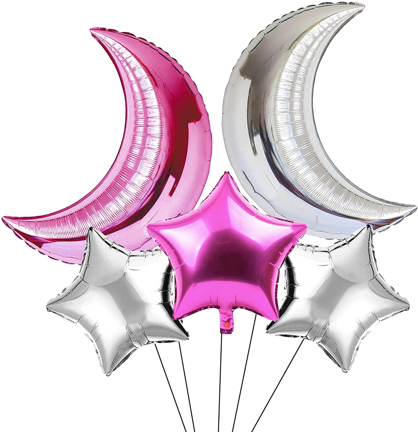 Party Time Trading LLC Moon and Star Foil Balloons Bouquet - 5-Pieces Baby Shower