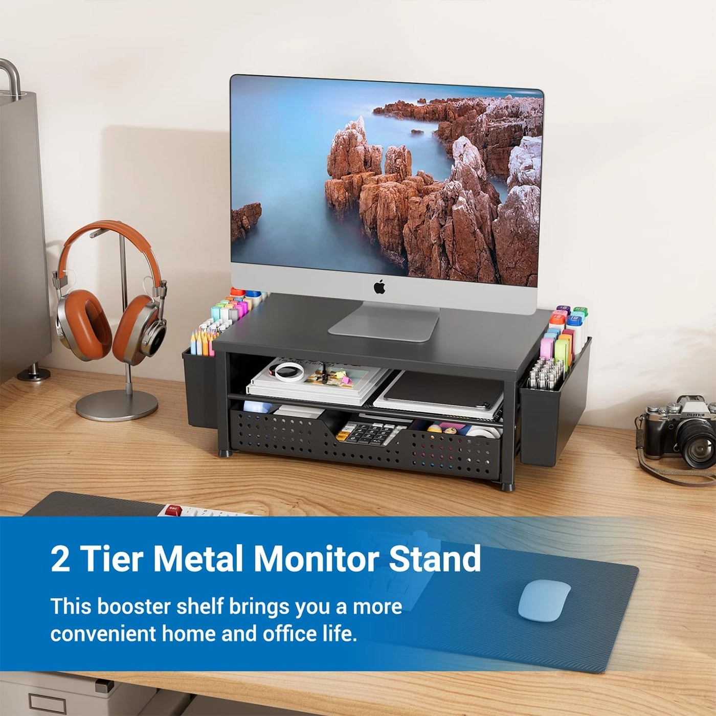 Monitor Stand Riser - Wood Metal Black Wood