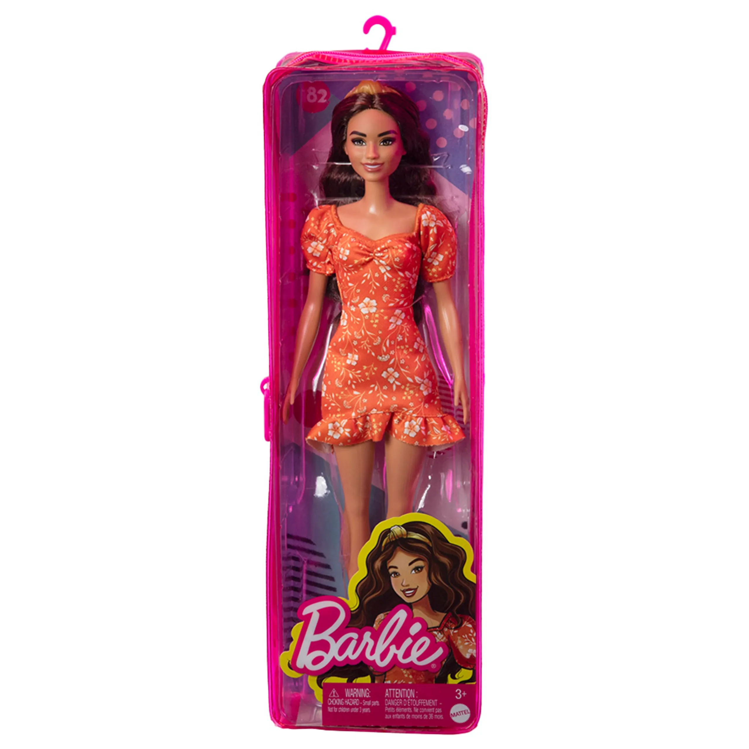 Barbie Fashionistas #160 - Long Brunette Hair Patterned Orange Dress Ages 3+