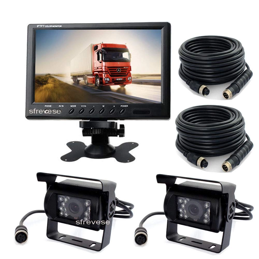sfrevese Rear view Monitor - 9" 2 channels + Reversing Camera - Night vision 720(H)586(V) + 15M video Cable - 15M