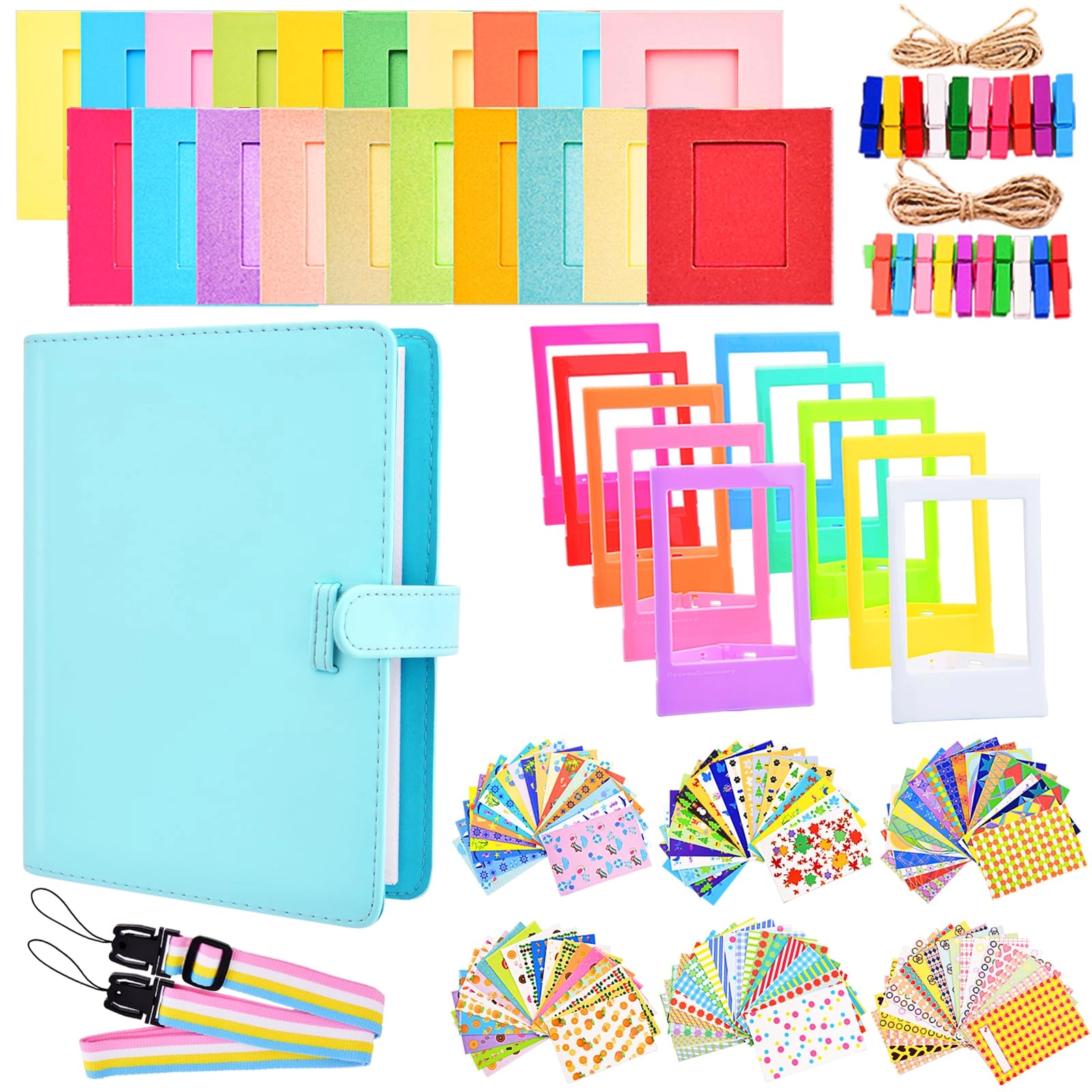 SunmnDirect 128 Pocket PU Leather Album + Film Stickers + Plastic Desk Frame + Hanging Frame + Camera Strap - Compatible with Instax mini Blue