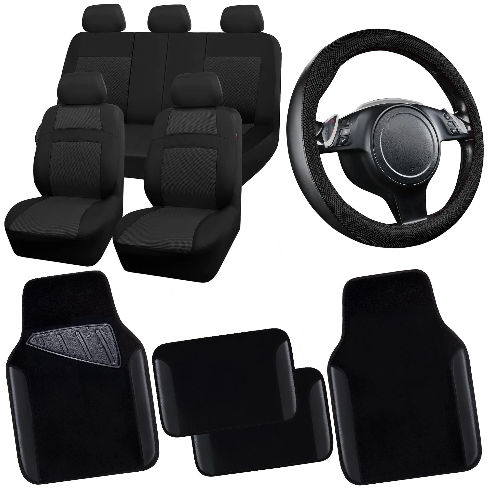 Car Seat Covers - Air Mesh Leather + Car Floor Mats - Waterproof + Steering Wheel Cover - Sporty