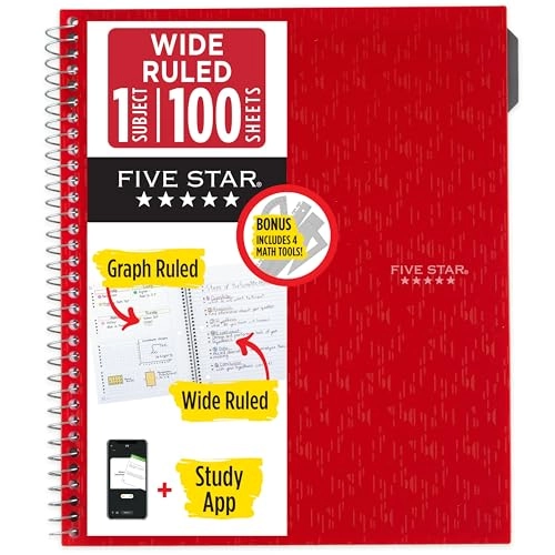Five Star Spiral Notebook 8" x 10.5" Spiral - Lined 100 Sheets + Study App + Math Tool Set