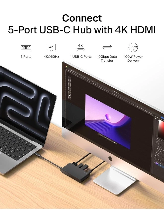 5-In-1 USB-C Multiport Hub Adapter - 4K 60Hz 100W PD