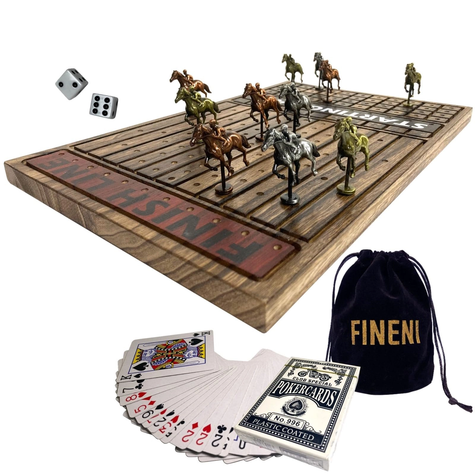 FINENI Horse Racing Game - Foldable 11 Metal Horses Wood Board