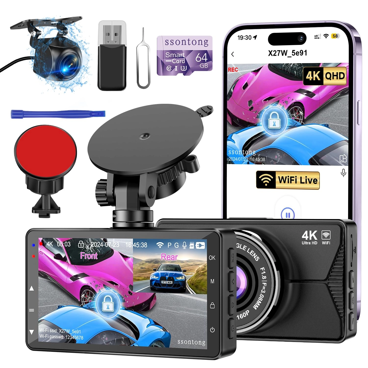 ssontong Dash Cam Front and Rear - 4K 30FPS
