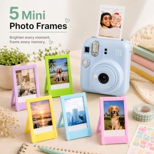 Camera Case - Frosty Blue + INSTAX Mini Instant Film - 20 Shot + Mini Photo Album - 64 Pocket + Hanging Photo Display + Mini Desktop Photo Frames + Magnetic Fridge Photo Frames + Photo Border Stickers - 60
