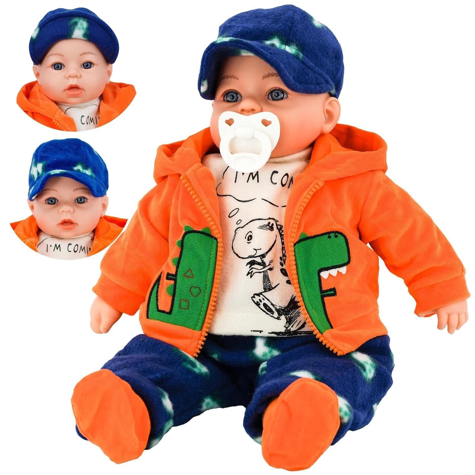 The Magic Toy Shop Baby Doll - 46cm Grey With Cap 16 Baby Sounds