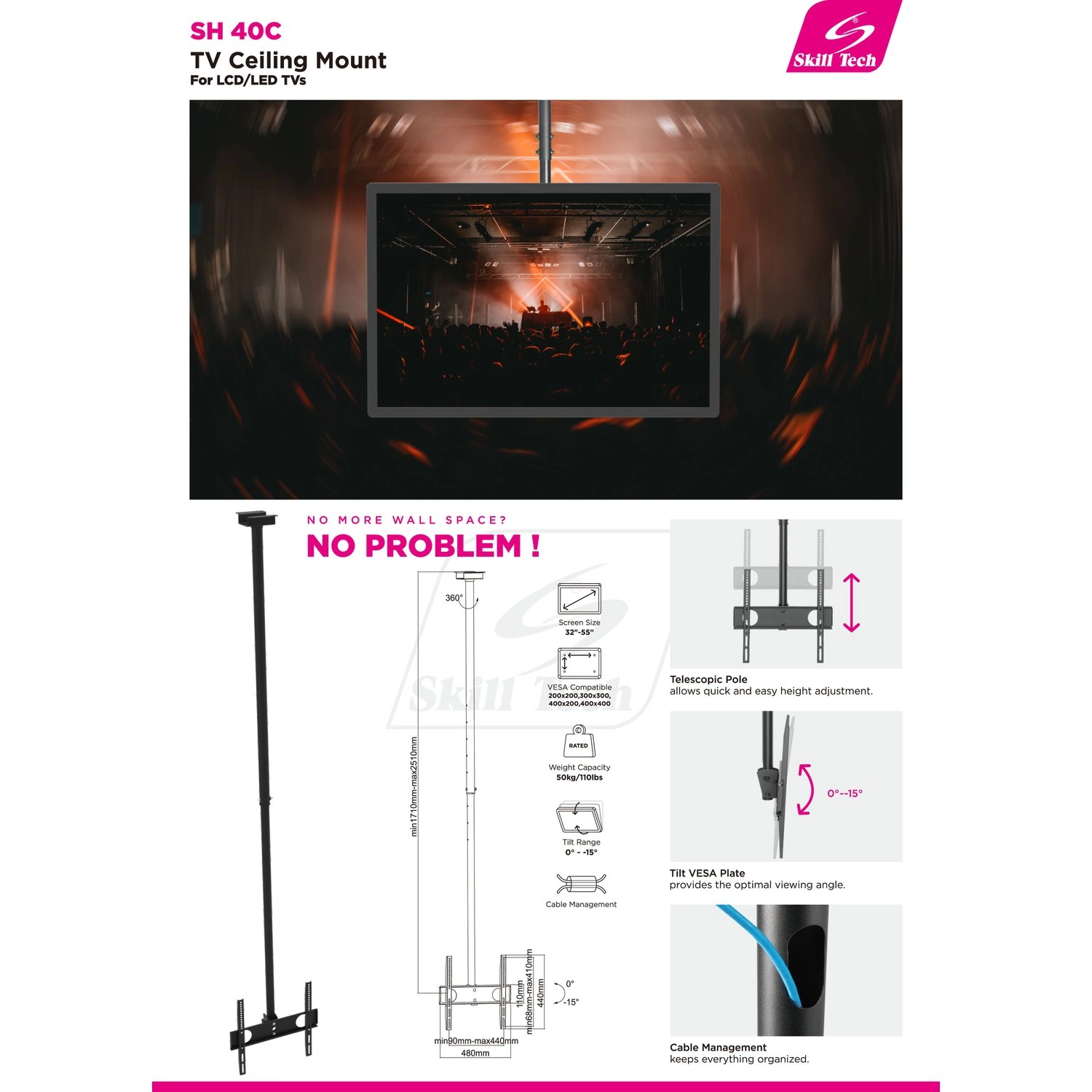 Skill Tech Ceiling TV Mount - 50 Kg 26-75inch