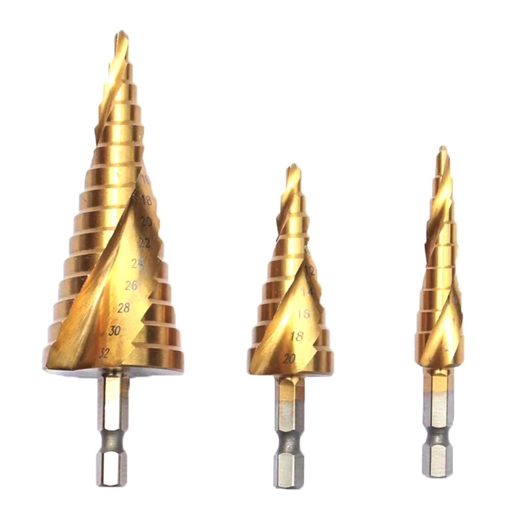 Spiral Grooved Step Drill Bit Set - High Speed Steel Titanium Coated 3pcs 4-32mm/4-20mm/4-12mm