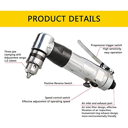 90 Degree Pneumatic Angle Drill - 1400 RPM 1/4 Inch Chuck 0.6-6Mm Clamping Capacity