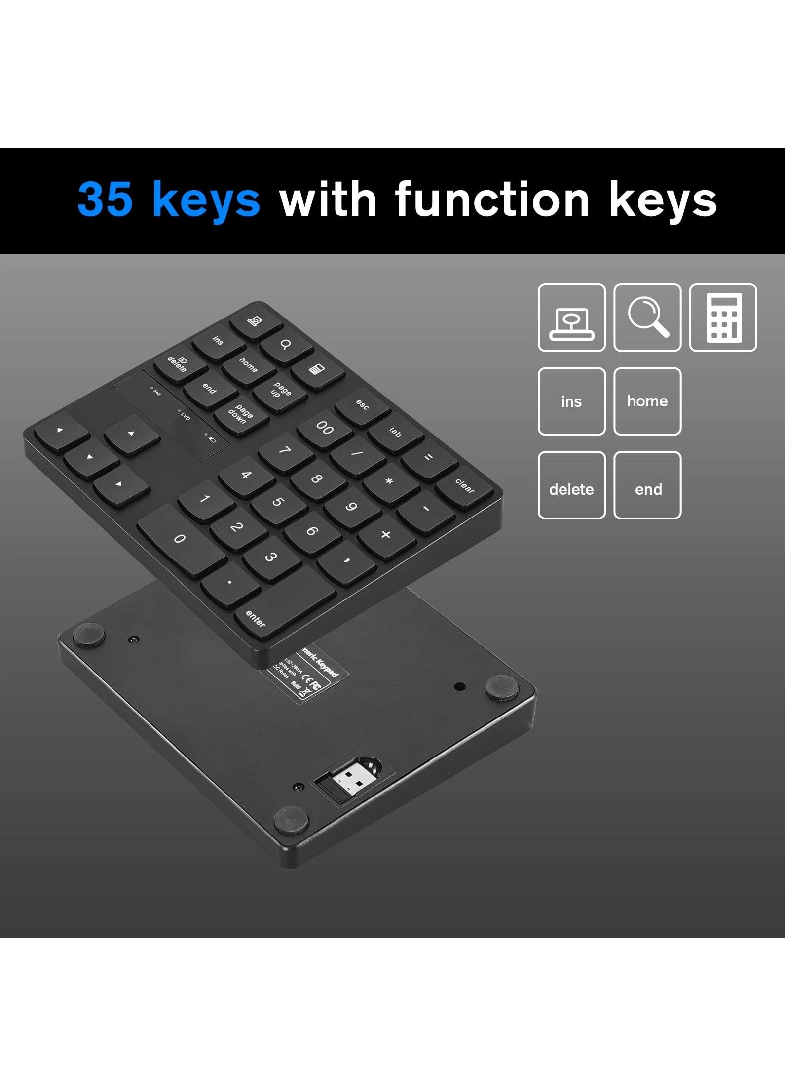 Wireless Number Pad - 2.4G 35 Keys 250 milliAmpere * hour