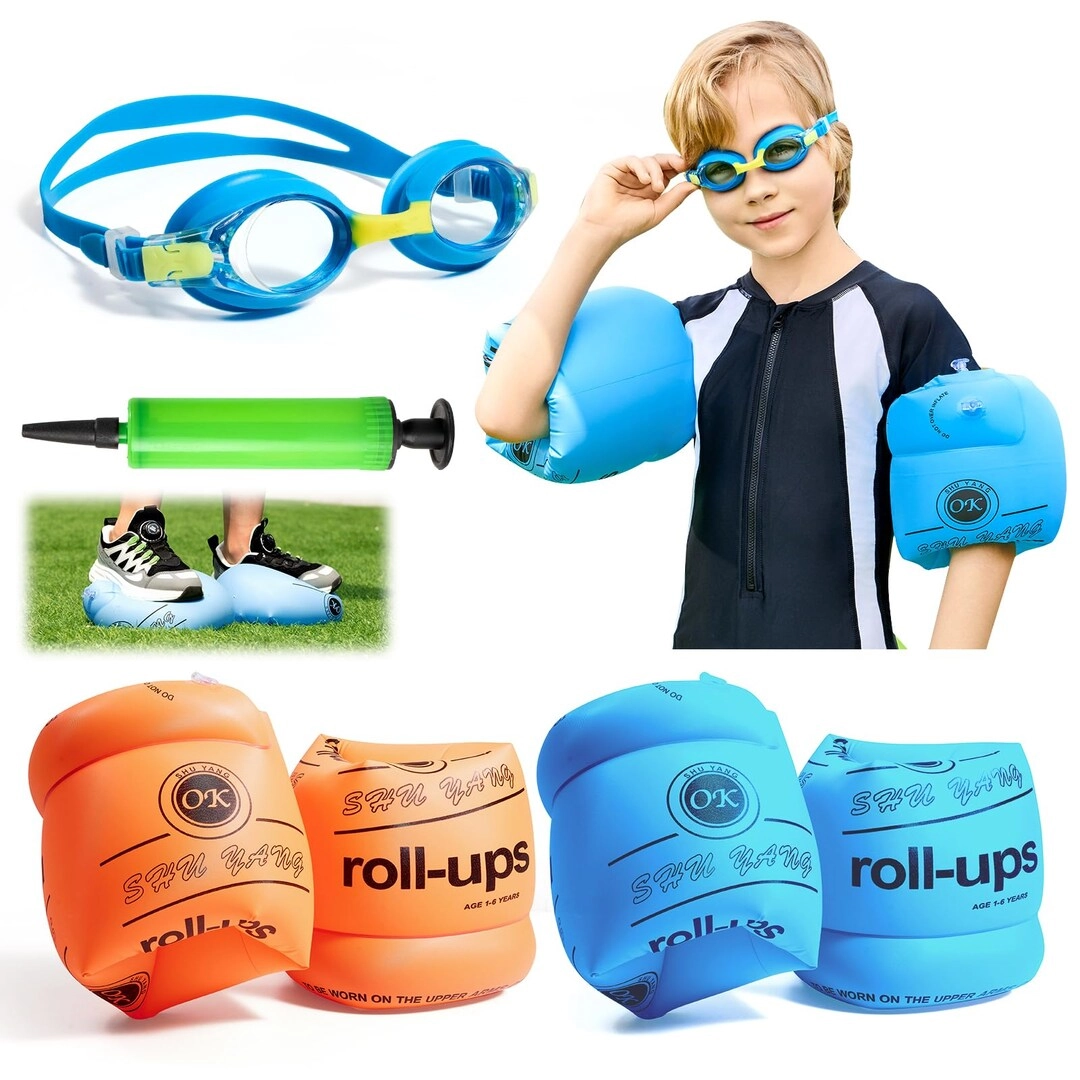 Aoeoun Arm Floaties - 4 Pack + Swim Goggles + Manual Air Pump