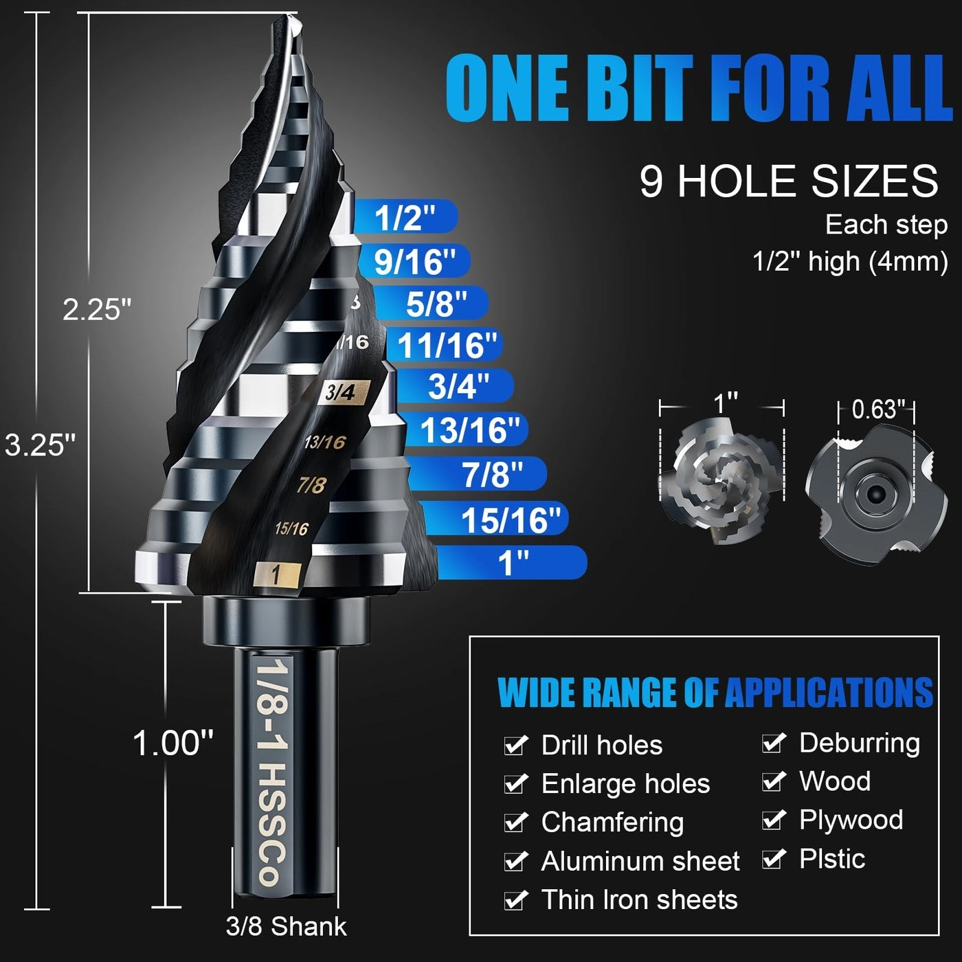Step Drill Bit - M35 Cobalt 9 Sizes 1/8"-1"