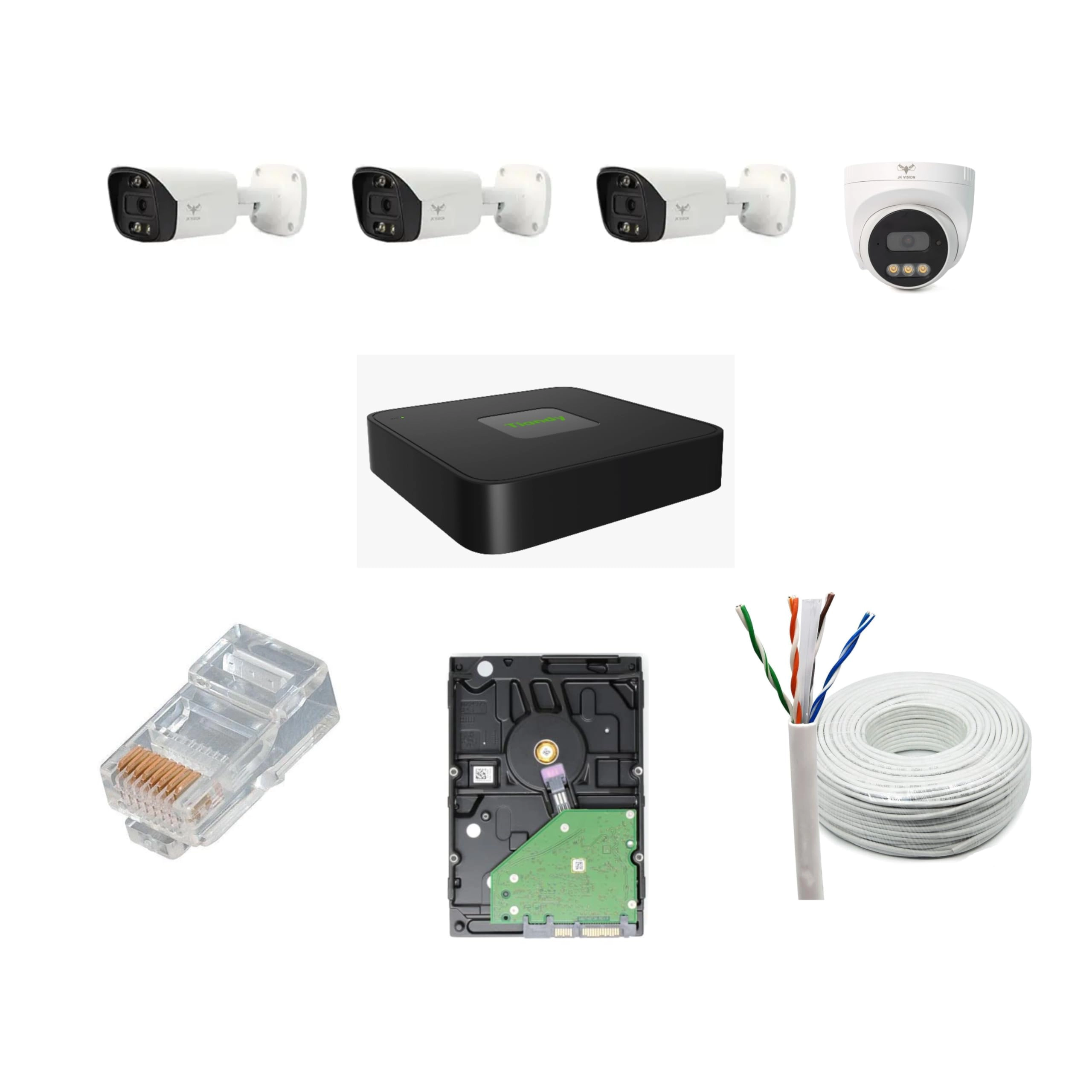 JK Vision 5MP IP Bullet Camera + IP Dome Camera + 4 Channel NVR + 4 Port POE + 1TB Hard Disk + Cat6 Cable 100 Meter + RJ45 Connector