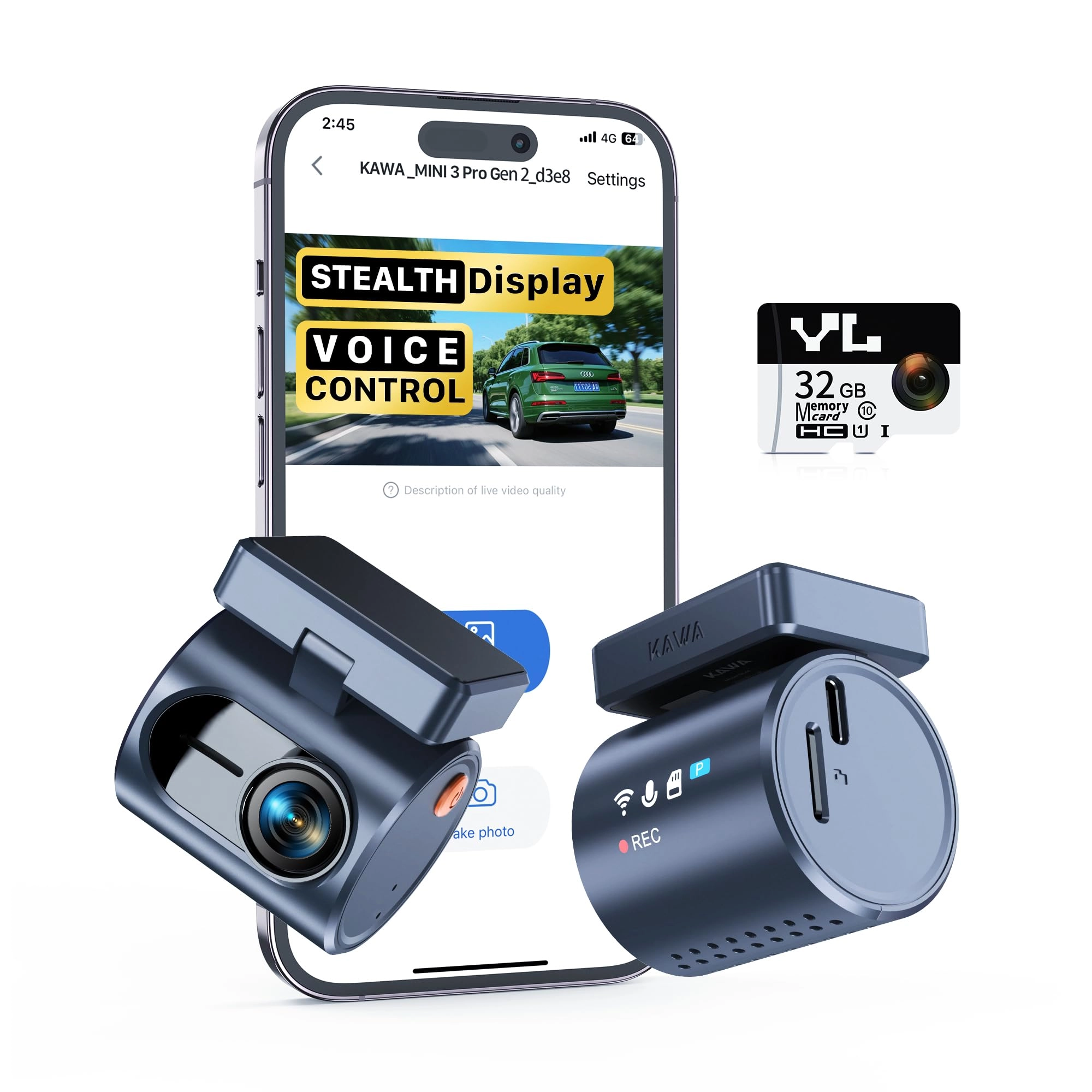 KAWA Compact Dashcam - 2K1296P