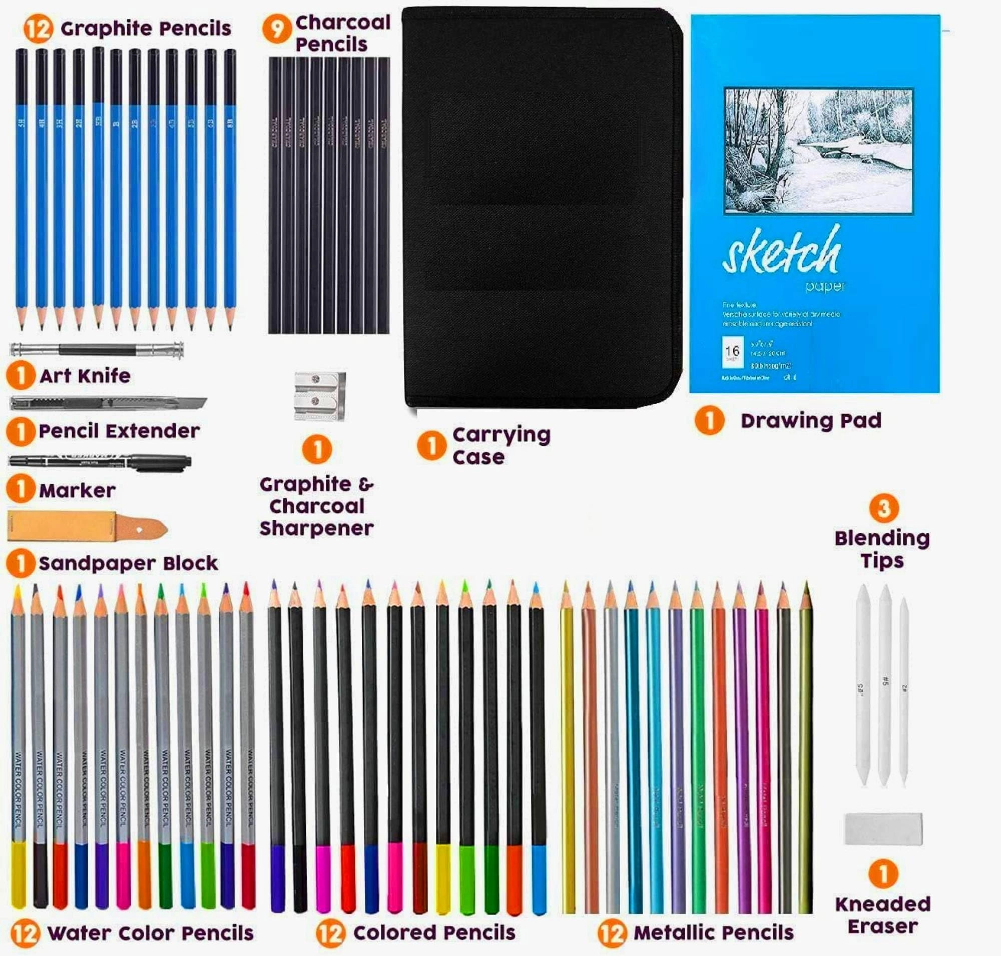 Art Pencil Sketch Kit - 72pcs 12 x Sketch Pencils