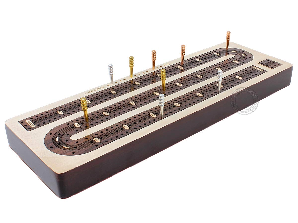 3 Track Continuous Cribbage Board - Inlaid in Rosewood Storage Drawer for Cribbage Pegs
