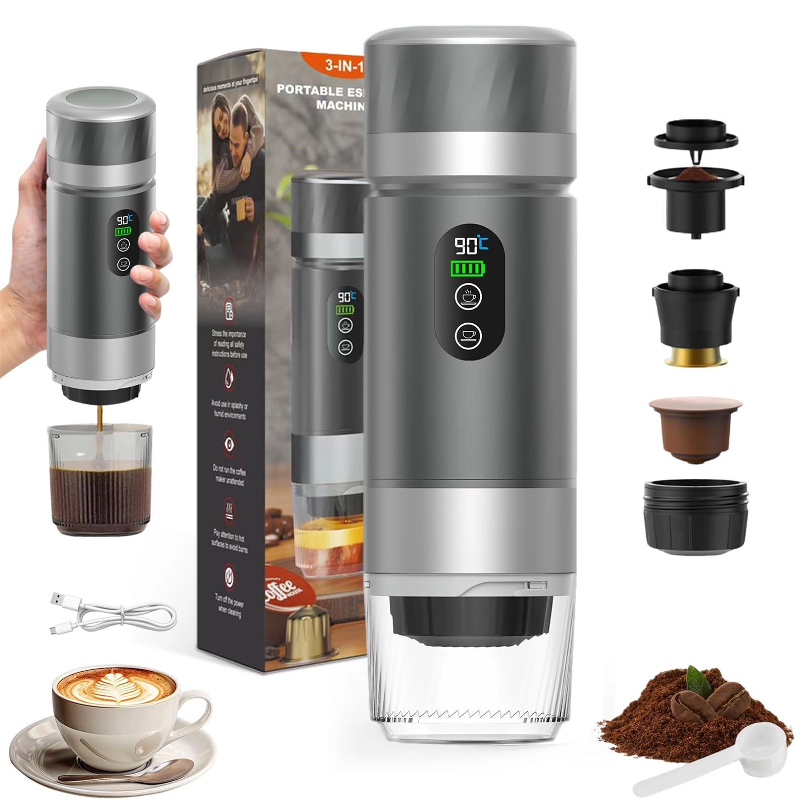 VHV Portable Travel Coffee Maker - 80 Milliliters Large Capsules Ground Coffee