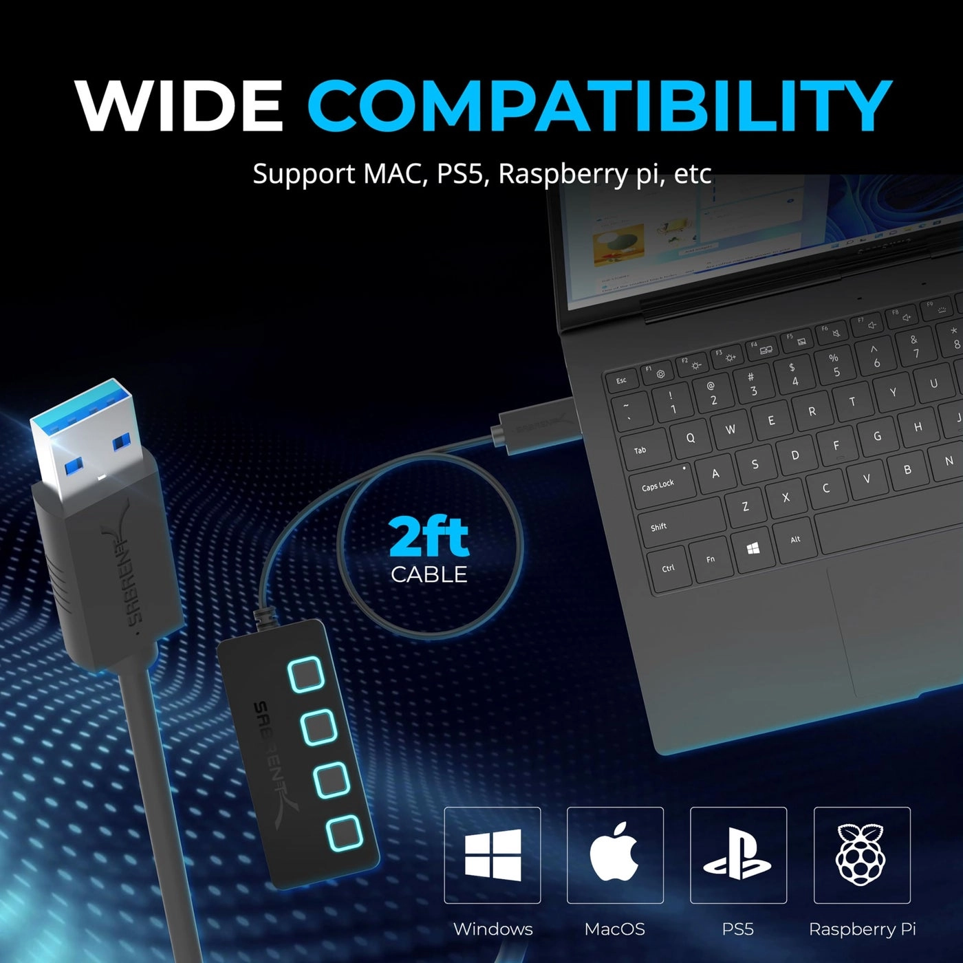 4 Port USB 3.0 Hub - Individual Power Switches 5V/2.5A Power Adapter