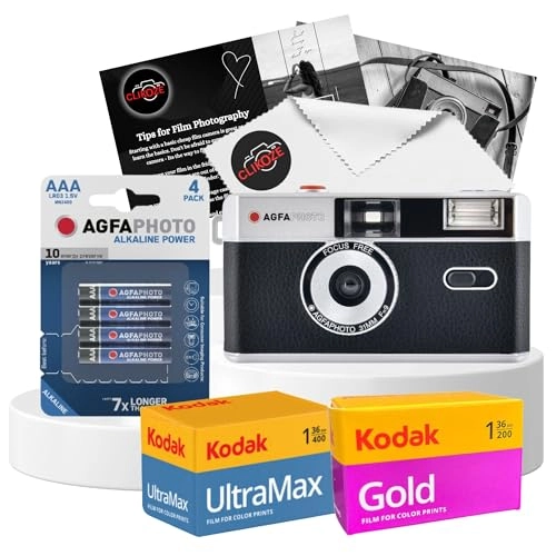 35mm Reusable Film Camera + Ultramax 400 - 36exp + Gold 200 - 36exp + Battery - AAA + Lens Cloth - Black + Photography Tips Card