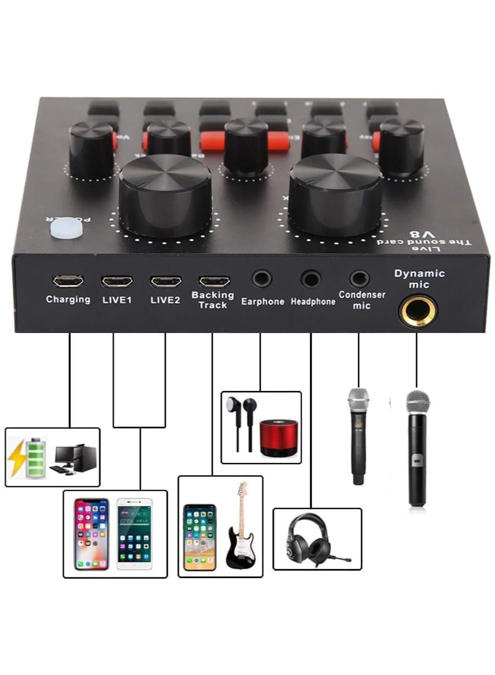 Condenser Microphone + V8S Live Sound Card Wireless+USB+3.5mm-Mini-Jack Microphone
